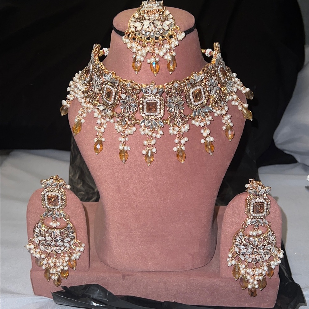 Gold and Pearl drop Statement Choker Earring Set